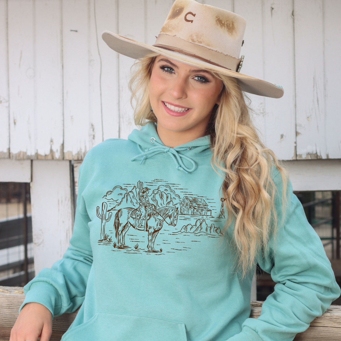 Cowgirl Riding with Windmill Sage Hoodie