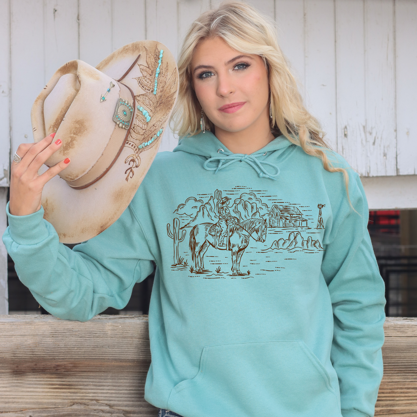 Cowgirl Riding with Windmill Sage Hoodie